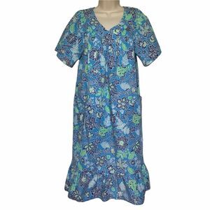 Anthony Richards Floral Ruffle Hem Tropical House Dress Pockets Blue Green SP